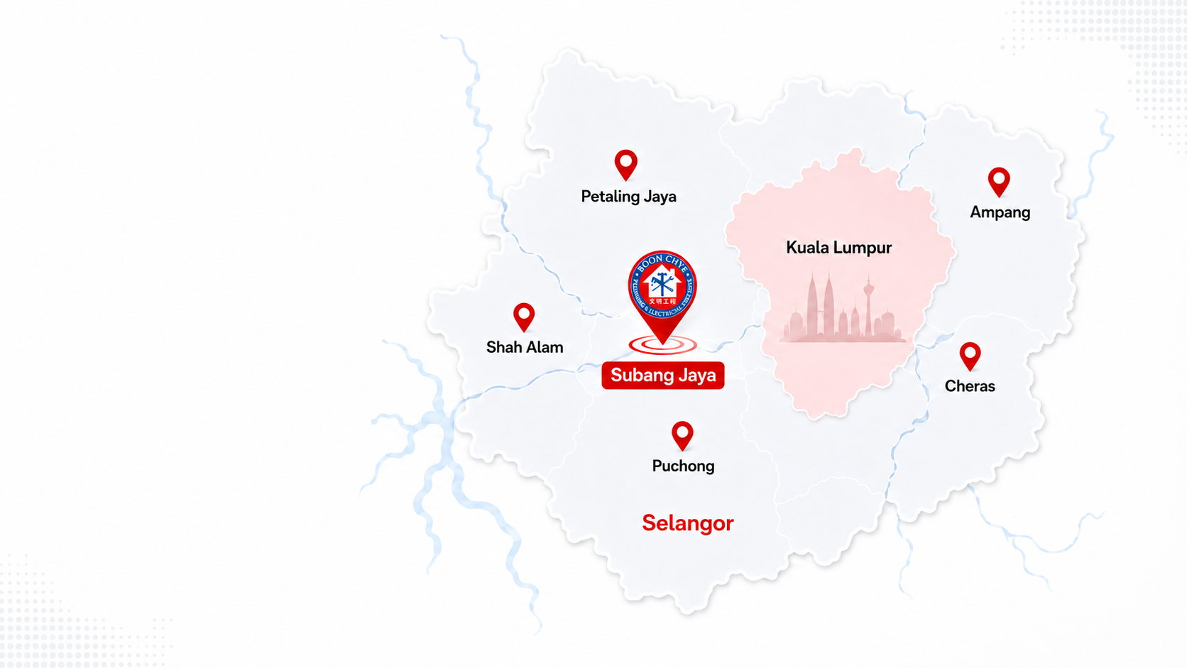 Boon Chye service area map covering Kuala Lumpur, Selangor and Klang Valley